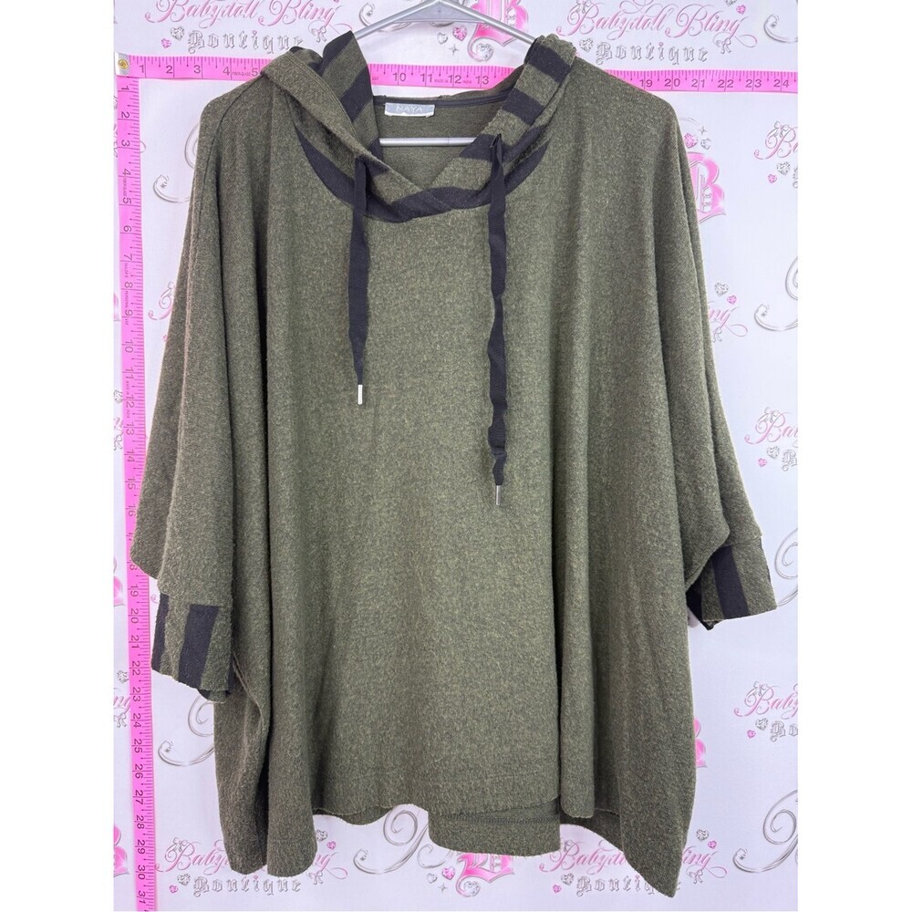 Naya sweater poncho style Olive Green Hooded Poncho with Black Trim